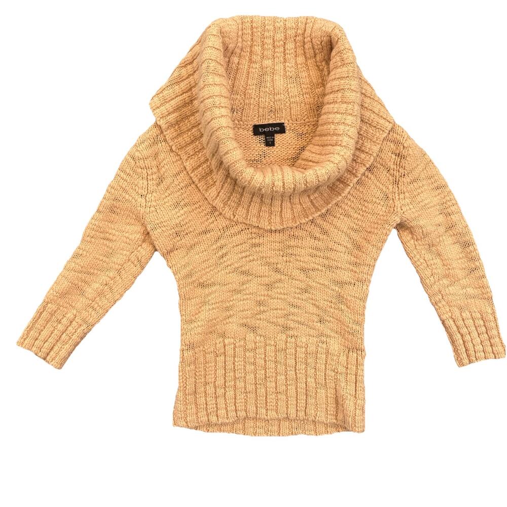 Bebe VTG Y2K Chunky Knit Sweater Shug Shoulder Women’s Small Khaki Tan Blush